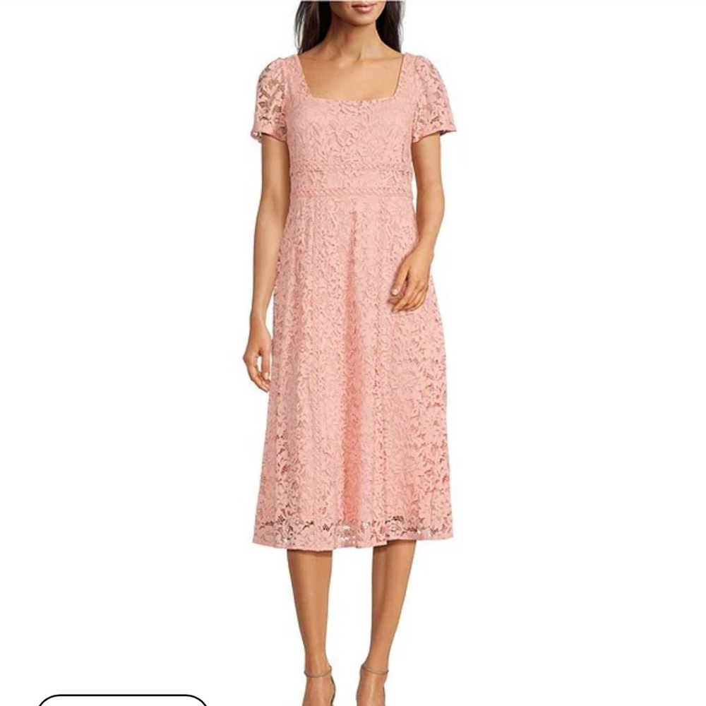 Lace Square Neck Short Puff Sleeve A-Line Midi Dress